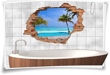 Medianlux Fliesentattoo Badezimmer türkis WanddurchbruchStrand Palmen Fliesenbilder Spa Wellness Fliesenaufkleber Meer, 90x60