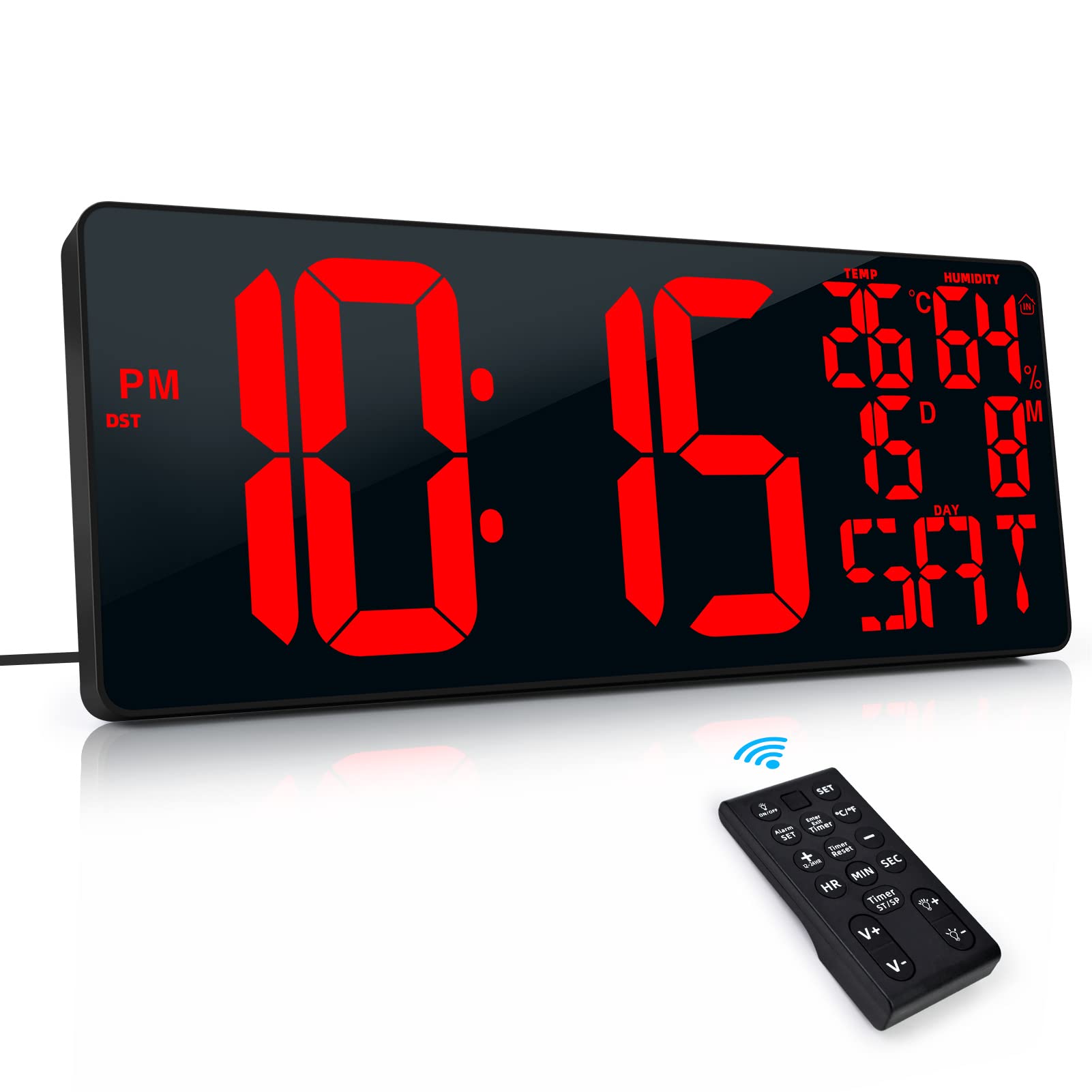 XREXS 18 Inch Extra Large Digital Wall Clock with Remote Control, LED Large Wall Clocks, Count Up/Down Timer, Auto-Dimming Alarm Clock with Day/Date/Temp/Humidity/DST for Living Room, Gym, Classroom