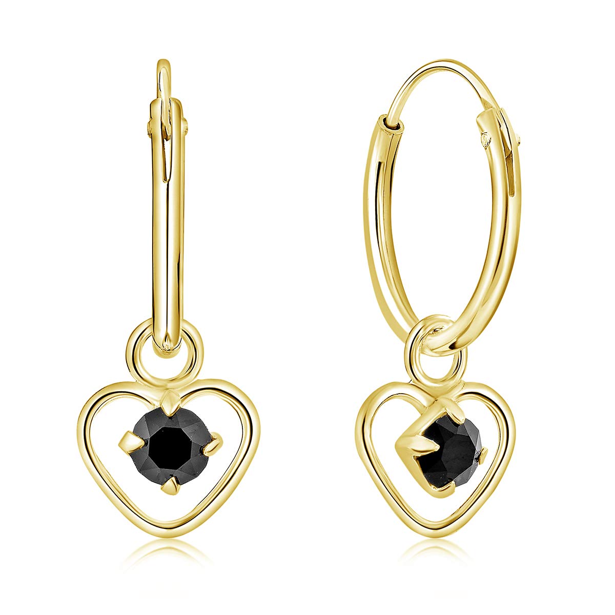 Gold Plated Earrings with Dangling Heart - 925 Sterling Silver Hoop Earrings for Women 24K Gold Plated with Black Crystals - Classic Elegant and Hypoallergenic for Sensitive Skins