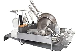 KitchenAid Compact to Full Size Expandable, Rust Resistant Satin Coated Dish Rack with Angled Self Draining Drain Board and Removable Flatware Caddy, 24-Inch, Charcoal