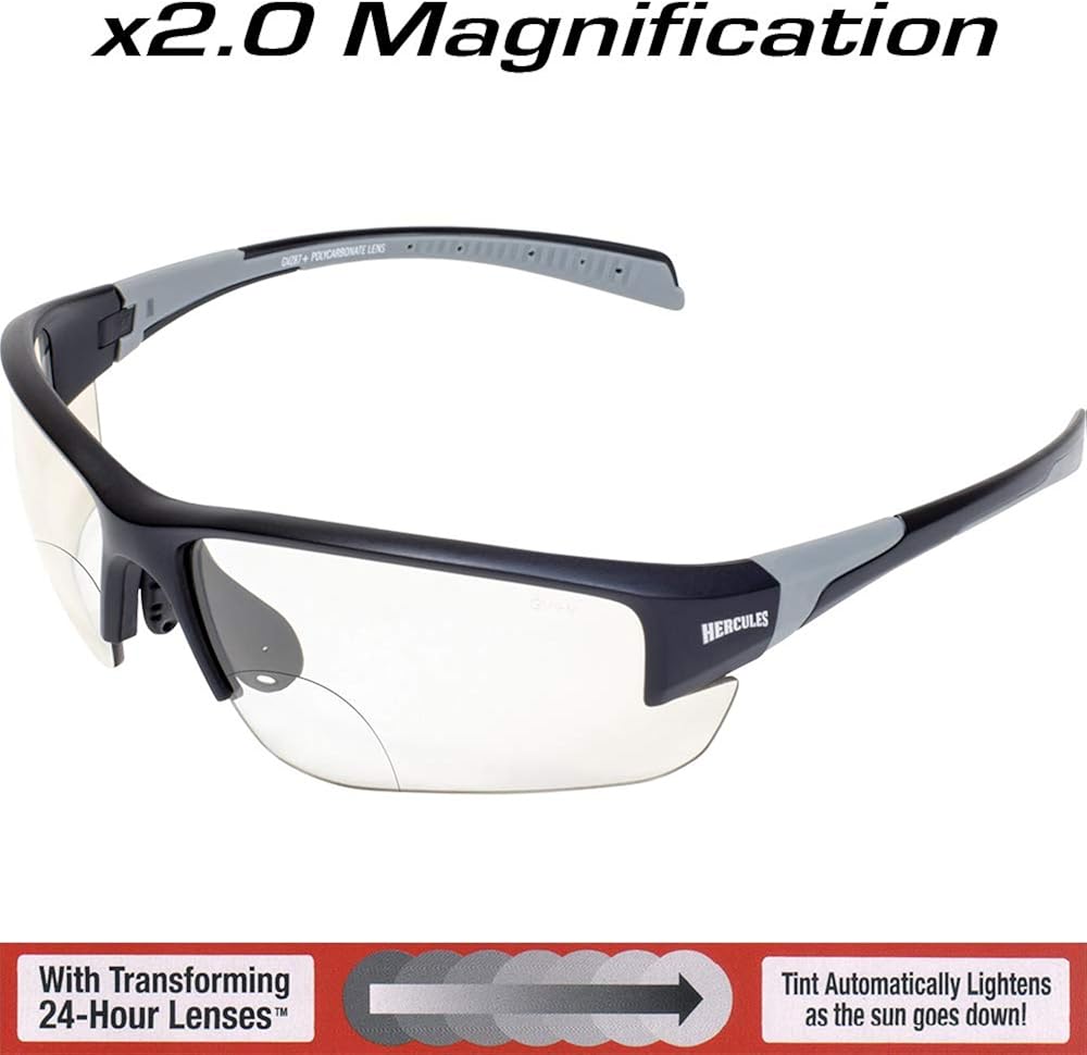 Hercules 7 24-Hour Photochromic Bifocal +2.0 Lens Safety Glasses Clear to Smoke Z87.1 - Image 3