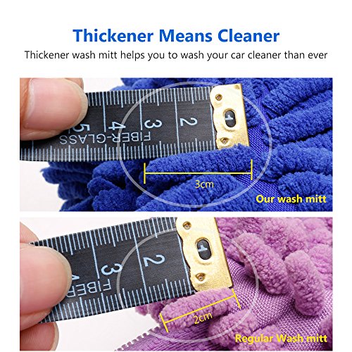COOCHEER Waterproof Car Wash Mitt, 2-Packs Double Sided Microfiber Wash Mitt With Free Polishing Cloth, Extra Large Chenille Wash Glove, Super Absorbent, Lint Scratch Free (Wash Mitt1, Blue)