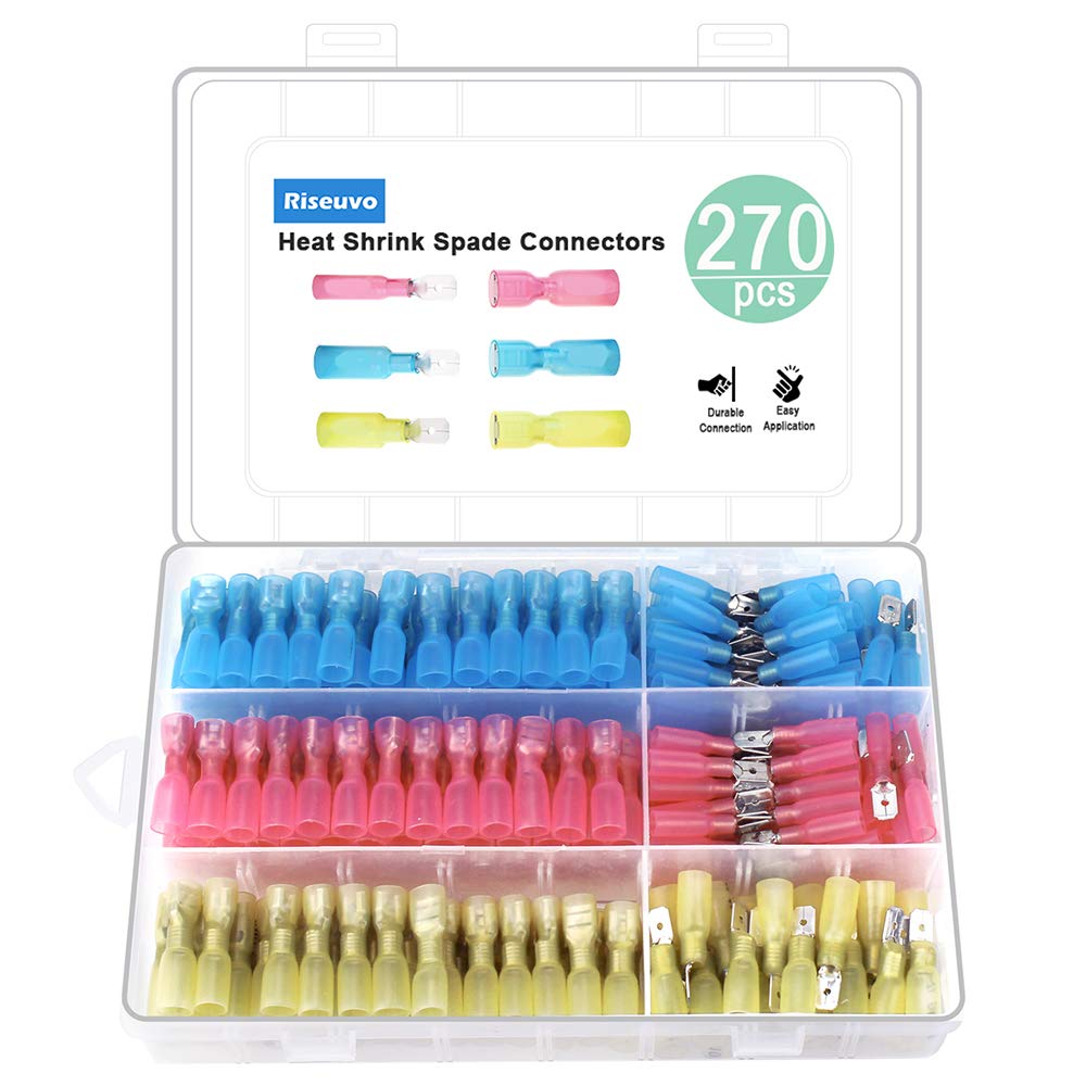 270pcs Heat Shrink Spade Connectors - Wire Spade Connectors, Electrical Spade Terminals, Quick Disconnect Crimp Connector Kit by Riseuvo