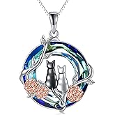 TOUPOP Cat Gifts for Cat Lovers 1 2 3 Cats Necklace 925 Sterling Silver Rose Flower Blue Crystal Jewelry Birthday Valentine's Day Gifts for Women Her Mom
