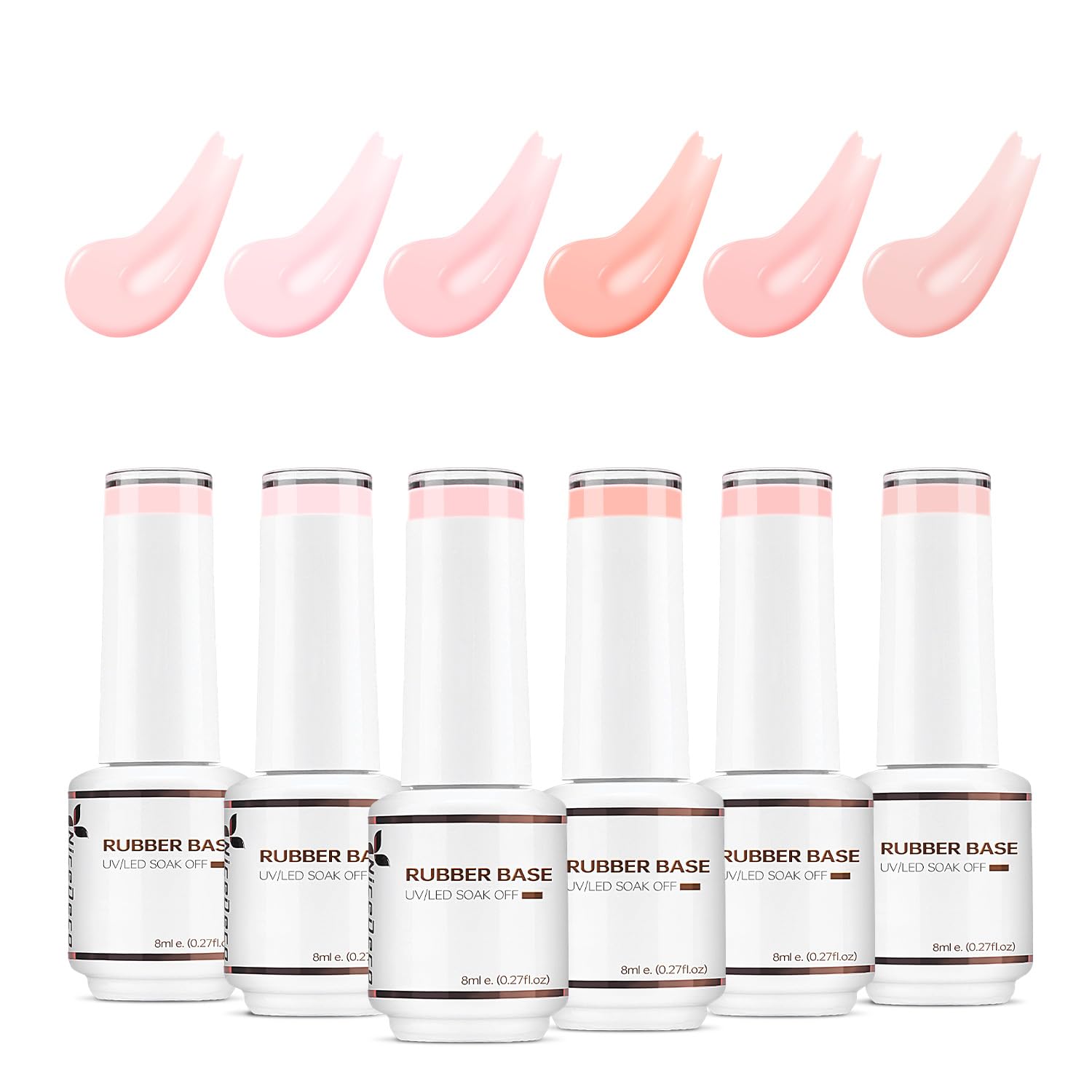 Nicedeco 4 In 1 Rubber Base Gel Set For Nails, Hema Free Nude Rose Pink Sheer Color Gel Nail Polish UV LED,Elastic Rubber Nail Strengthen Enhance Base Coat 6pcs x 8ml-Kit37