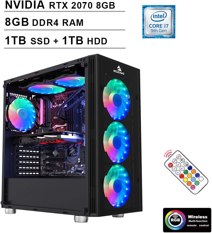 2020 NexiGo Quantum-Flux Liquid Cooled VR Ready RGB Gaming Computer (Intel 8-Core i7-9700K 3.6GHz up to 4.9GHz, RTX 2070 8GB GDDR5, 8GB DDR4 RAM, 1TB SSD (Boot) + 1TB HDD, Windows 10)
