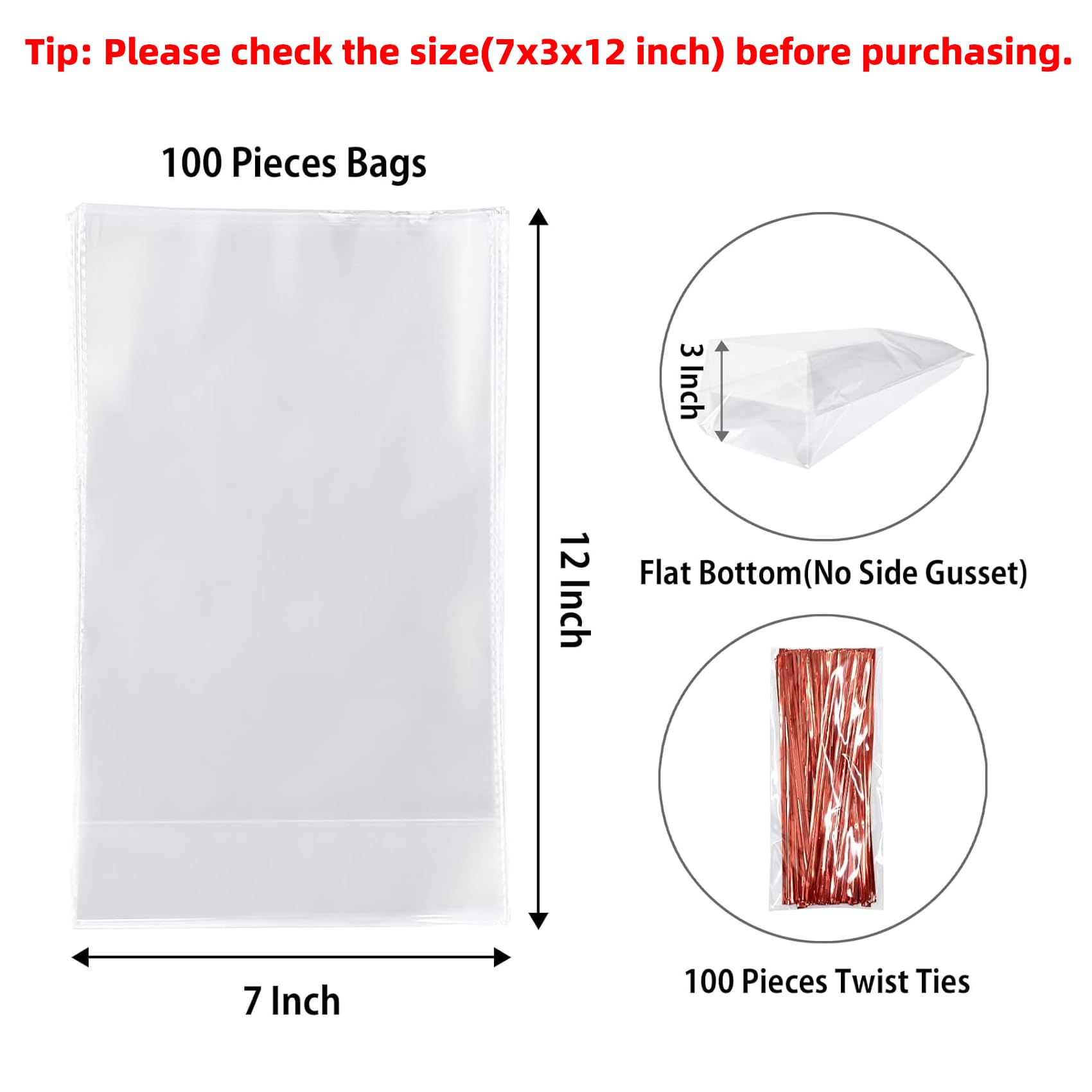 Morepack Flat Bottom Cellophane Bags,100 Pcs 7x3x12 Inches Clear Cello Bags Flat Bottom Cellophane Treat Bags for Cookie (No Side Gusset)