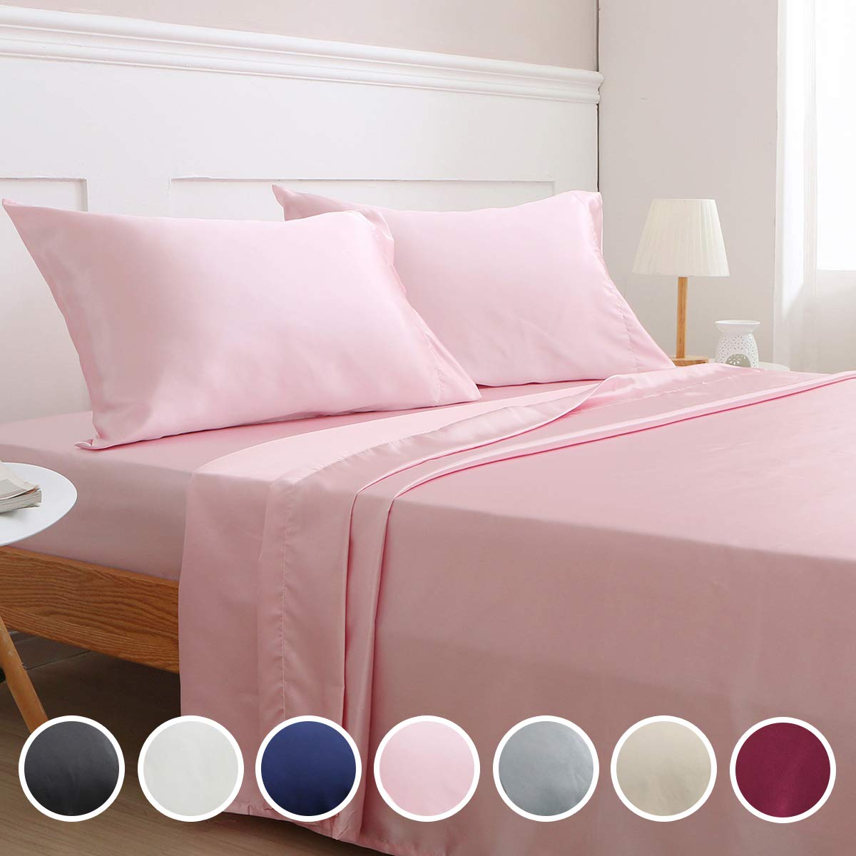 Vonty Satin Sheets King Pink Silky Satin Sheet Set, Deep Pocket Fitted Sheet + Flat Sheet + Pillowcase Bedding Set 4pcs