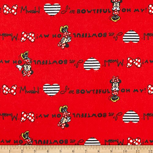 Disney Minnie Traditional Flannel I'm Bowtiful! Mwah! Red Fabric By The Yard