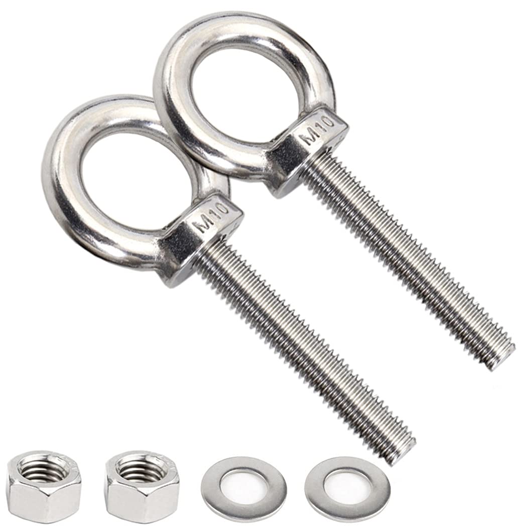 AIVOOF Stainless Steel Eye Bolts, 2 Pack M10 Shoulder Eye Bolt 2" Heavy Duty EyeBolts Screws in Eye Hooks with Washer and Nuts for Lifting Ring Eyebolt Thread Length 50mm