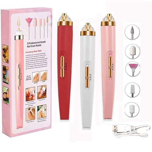 Pink Professional Portable Electric Nail Drill - 5 in 1 Manicure Pedicure Kit - Adjustable Speed USB Electric File for Acrylic & Gel Nails