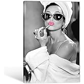 Hepburn Canvas Wall Art - Girl & Woman Bathroom Decor, Black & White, Funny Vintage 12x18 Inches
