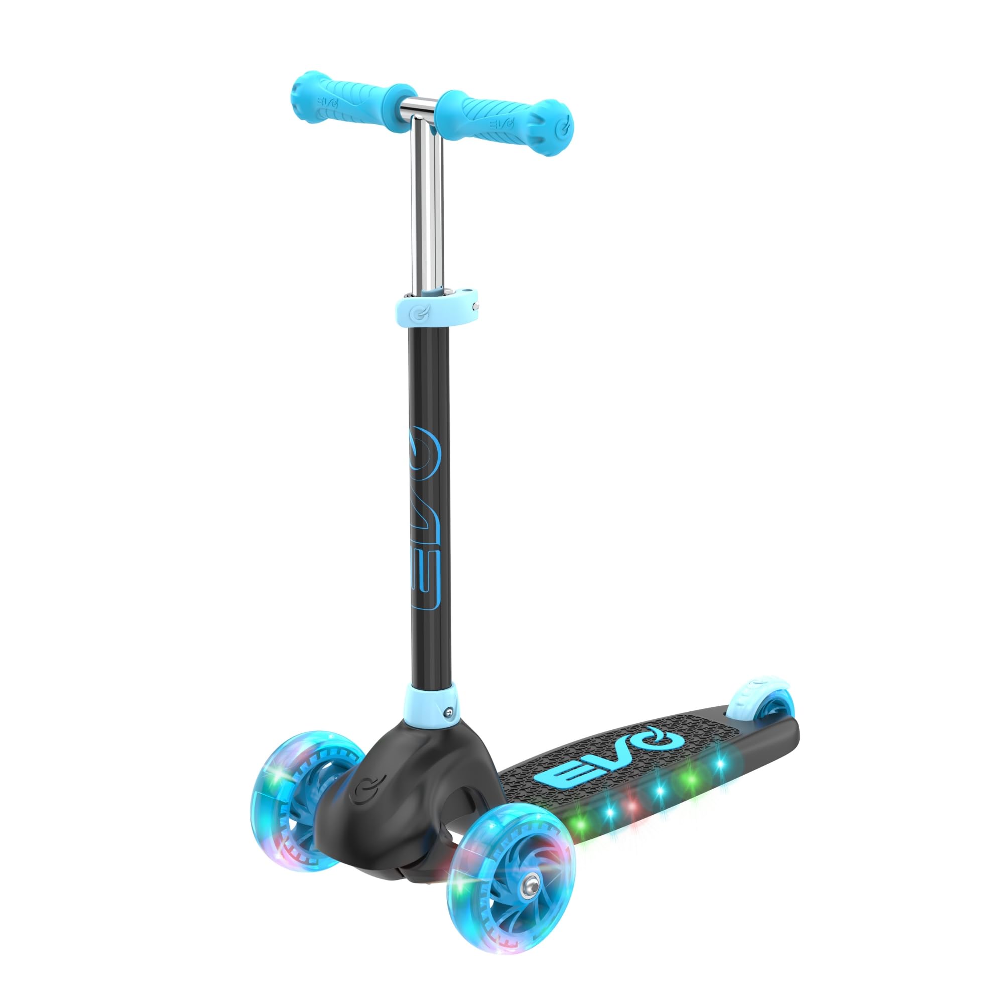 EVO Eclipse Light-Up 3-Wheel Kick Scooter for Kids Ages 3–12 | Adjustable Handlebar Push Ride-On with LED Wheels | Foldable Scooter for Boys & Girls – Blue