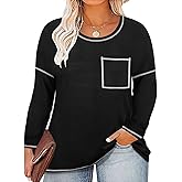 TIYOMI Women Plus Size Tops Long Sleeve Shirt Round Neck Raglan Stripe Pocket Blouse Plain Fall Autumn Winter Shirt