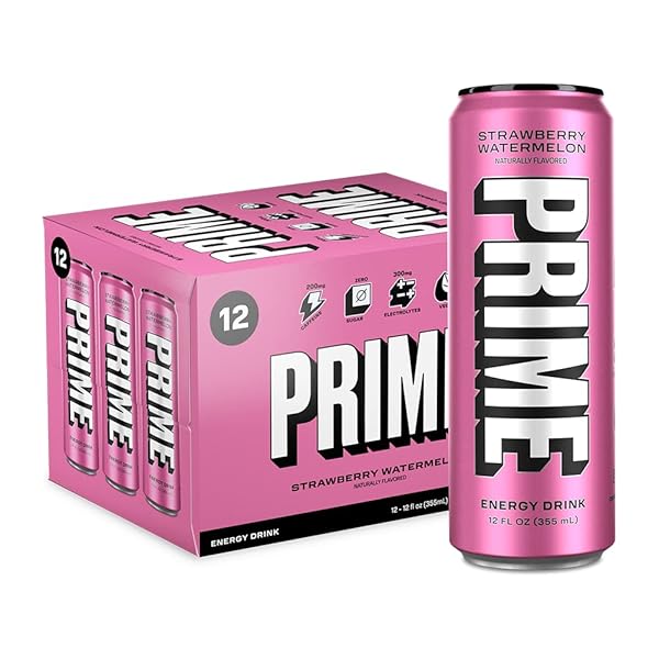 PRIME HYDRATION ENERGY DRINK STRAWBERRY WATERMELON, NATURALLY FLAVORED, 200MG CAFFEINE, ZERO SUGAR, 300MG ELECTROLYTES, VEGAN, 12 FL OZ PER CAN (PACK OF 12)