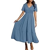 Simplee Womens Summer Smocked Flowy Dress - Casual Flutter Sleeve Tiered Boho Maxi Dresses with Pockets