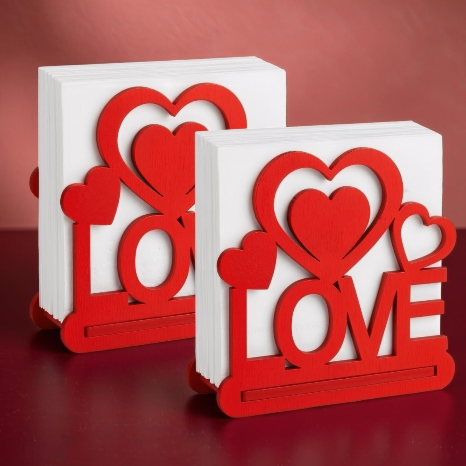 Photo 1 of 2 Pack Valentine Napkin Holder for Table - Red Wooden LOVE Heart Napkin Stand - Rustic Valentines Day Napkin Holder Kitchen Decor for Home, Wedding, Restaurant, Party (5.7 x 5.6 Inch)