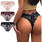 sasiga Women Lace Bow Thongs,T Back Low Waist Panties Sexy V-Shape Design Floral Lace,Breathable Panties for Women 3-Pack