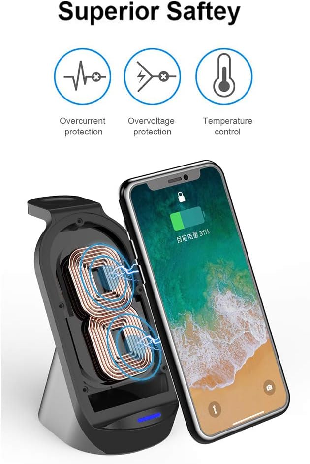 Wireless Charging Stand–3 in 1 Fast Wireless Charger–Qi Charging Station Dock Compatible with iPhone 12/11/11pro/11pro Max/X/XS/XR Fit for AirPods Pro Apple Watch SE 6/5/4/3/2-Black