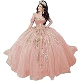 Mauuwy Gold Beaded Quinceanera Dresses Off Shoulder XV Dresses Luxury Tulle Sweet 16 Dresses Ruched Ball Gown with Bow