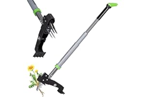 DEERFAMY Heavy Duty Stand Up Weeder Puller Tool, Adjustable 40-46in Ergonomic Long Handle Weeder Tool with 4-Claw Stainless Steel and Easy-Eject Mechanism, Weeding Without Bending, Green
