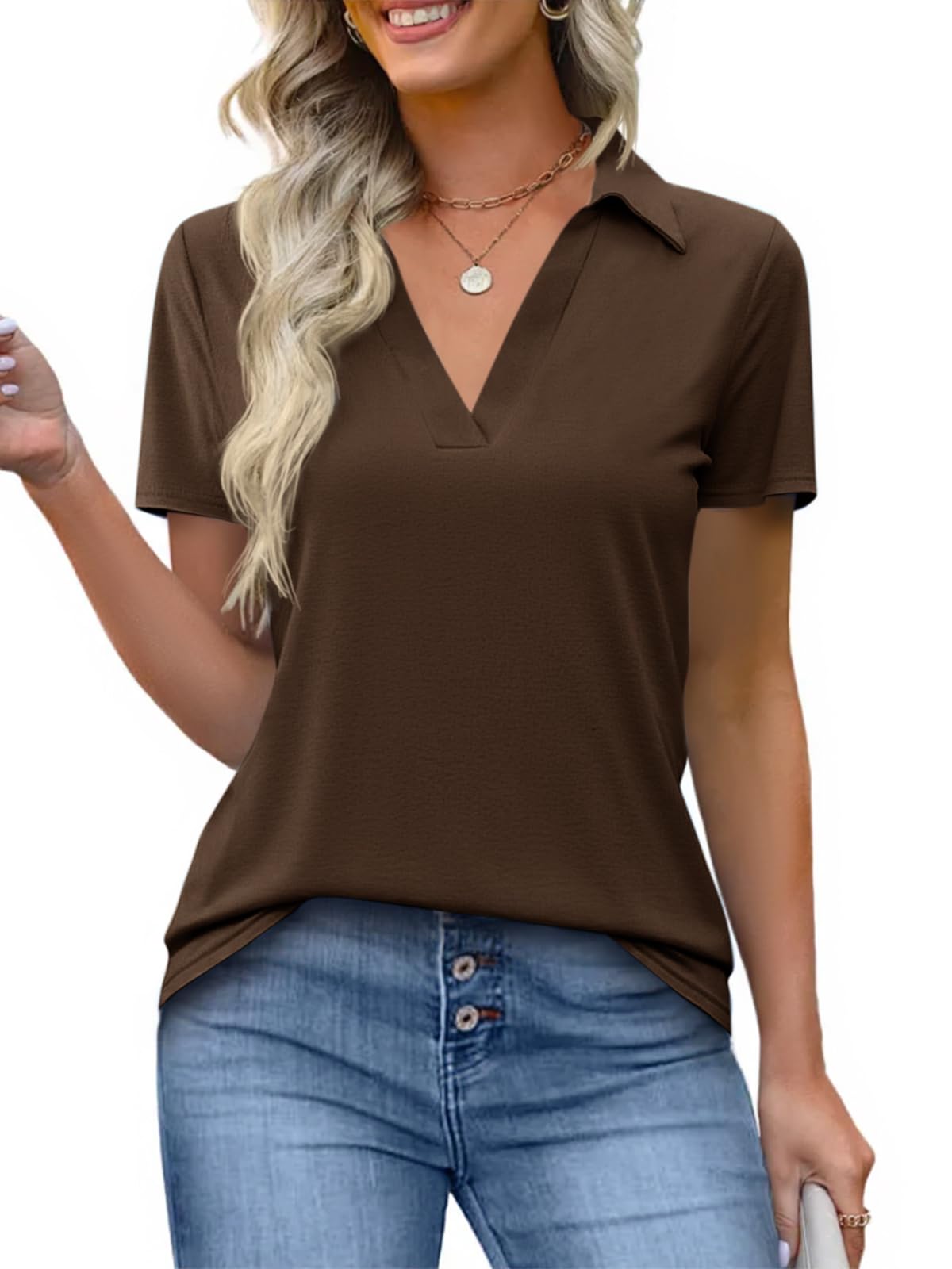 View 1 of *** UNKNOWN SIZE**Imily Bela Womens Short Sleeve Polo Shirts V Neck Business Dressy Casual Tops Summer Collared Trendy Tees Coffee