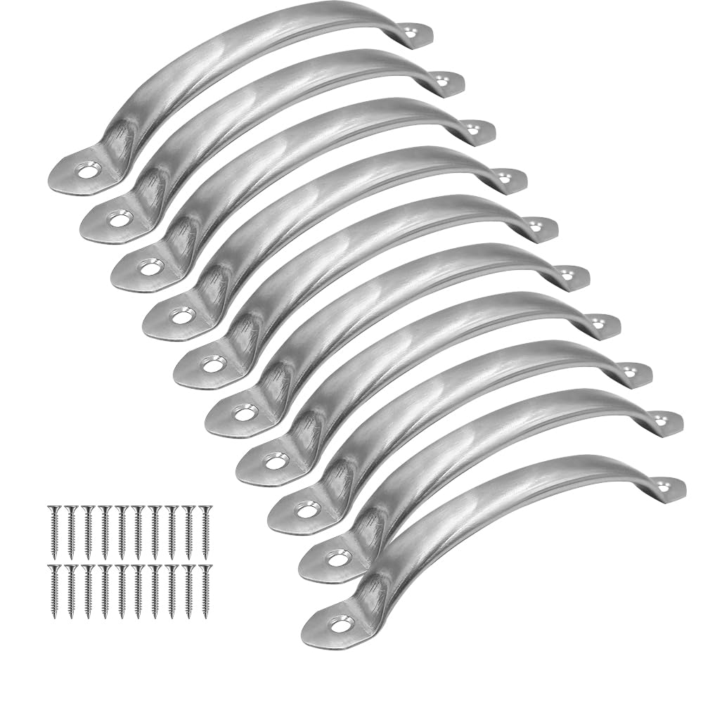 ONEBO 10 Pcs Stainless Steel Drawer Pulls, Cabinet Handles, Door Knob Handles, Curved Handle, with Screws,for Kitchen,Wardrobe,Drawer,Bathroom,Bedroom(Silver)