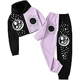 WDIRARA Girl's 2 Piece Outfit Sun Moon Print Two Tone Long Sleeve Hoodie and Sweatpants Set