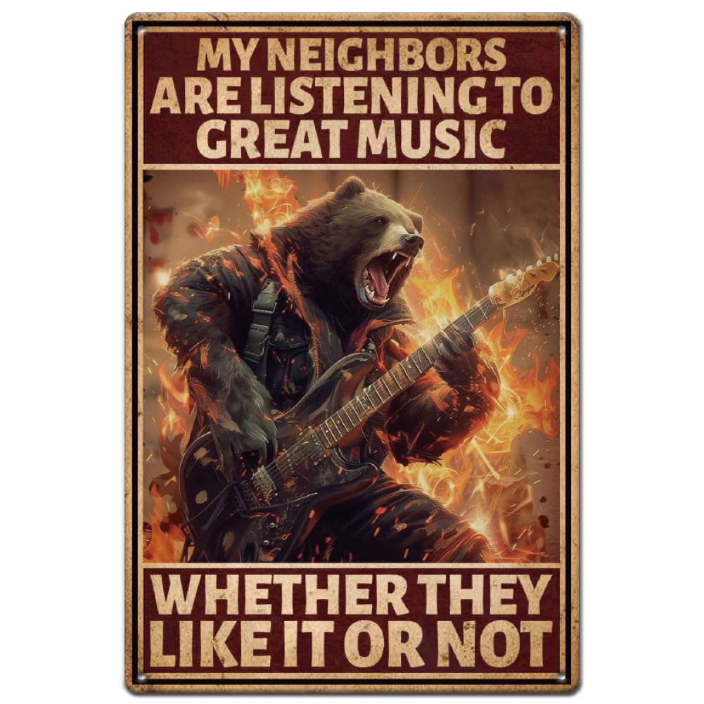 SUPERDANT Guitar Bear Metal Signs Music Tin Signs Bear Who Plays Rock Metal Wall Plaques Funny Signs Vintage Decor Retro Wall Art for Music Guitar Lover Man Cave Bedroom living Room Decor