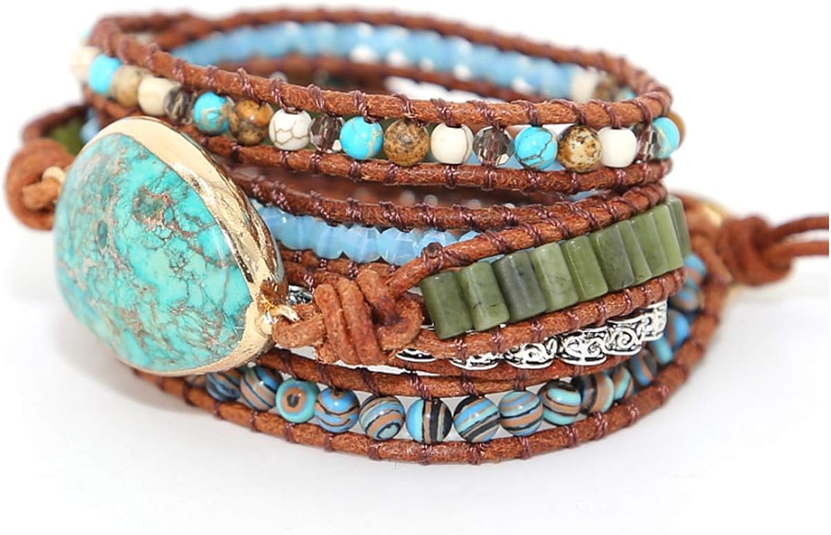 Starto 5 Wrap Bracelet Handmade Natural Stone Jasper Druzy Leather Boho Bracelets Jewelry (Green Opal): Clothing