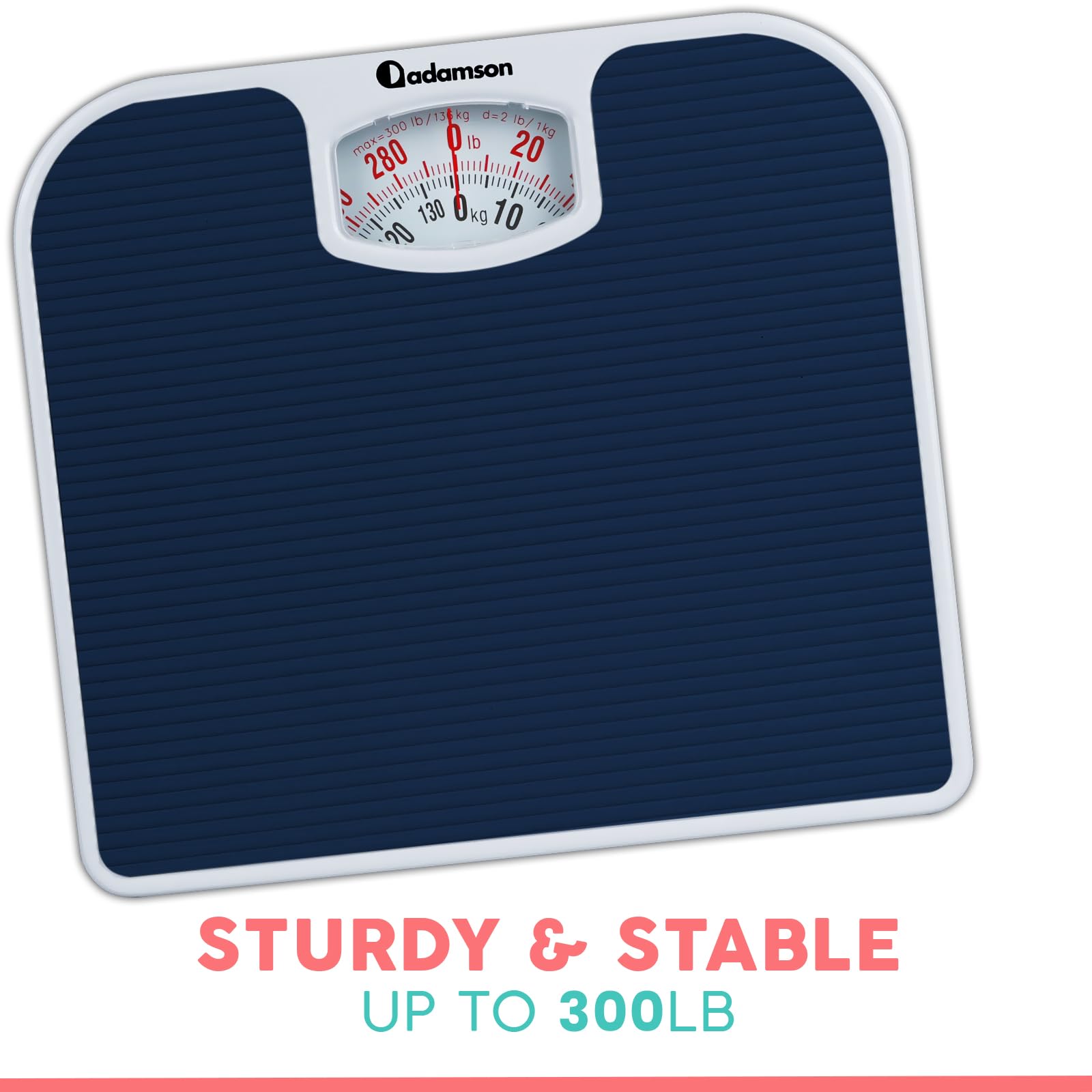 Adamson A21 Analog Scales for Body Weight - Up to 300 LB - New - Anti-Skid Rubber Surface + Large Numbers - Analog Bathroom Scale - Affordable - Durable with 20-Year Assurance - Blue