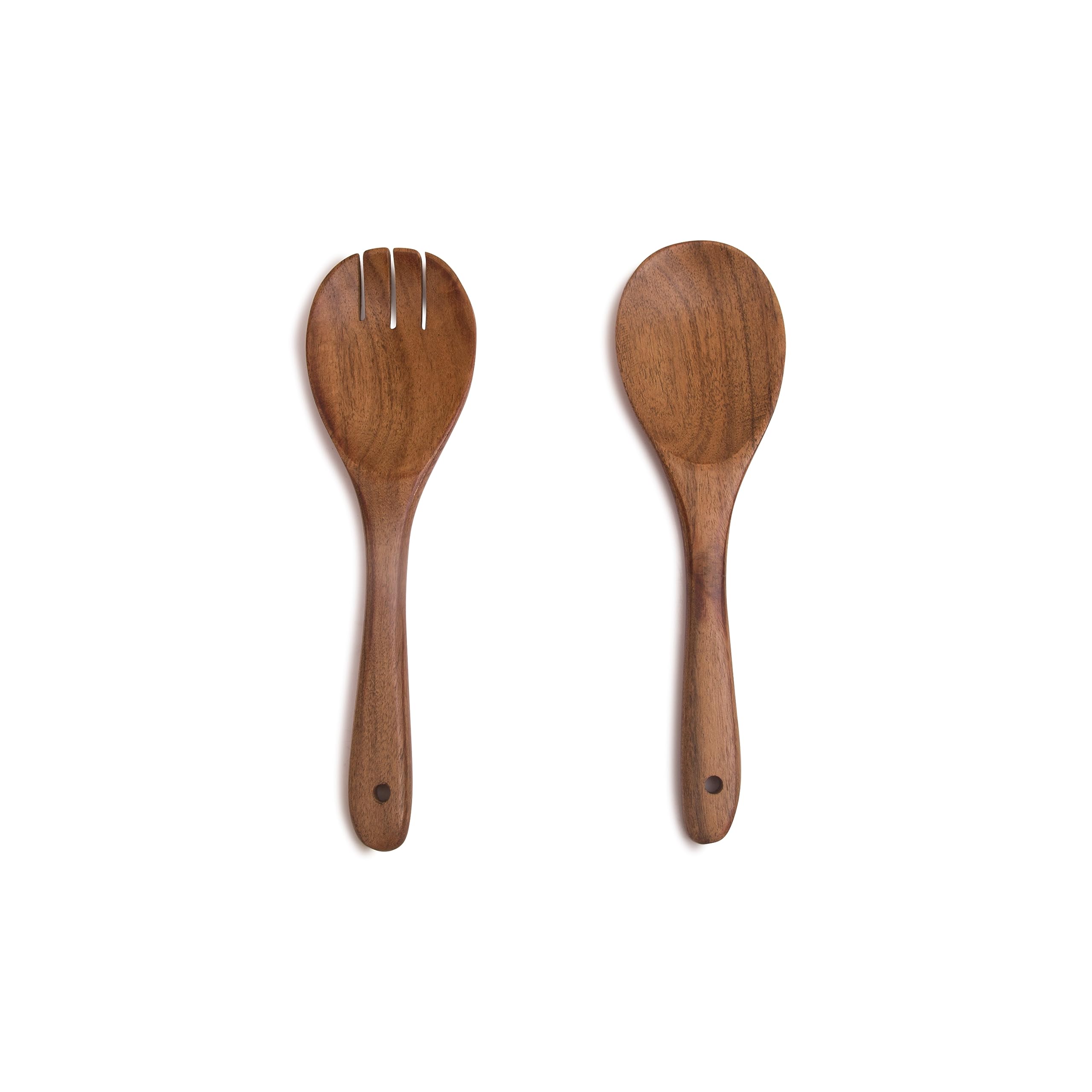 20 cms Acacia Wood Salad Server Set Wooden Mixing Tongs Dinner Fork & Spoon Serving Utensils for Tossing Salad Handmade Cookware Salad Cooking Utensils & Accessories for Kitchen, Natural Brown