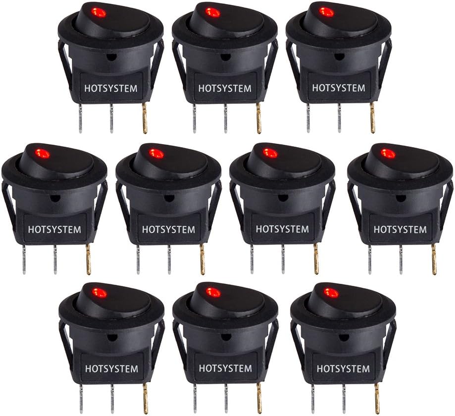 HOTSYSTEM DC12V 20A Round Rocker Toggle Switch ON-Off Control SPST LED Illuminated 3Pin Triangle Plug for Car Motorcycle Boat Marine Truck Trailer Auto and More (Red,10-Pack)
