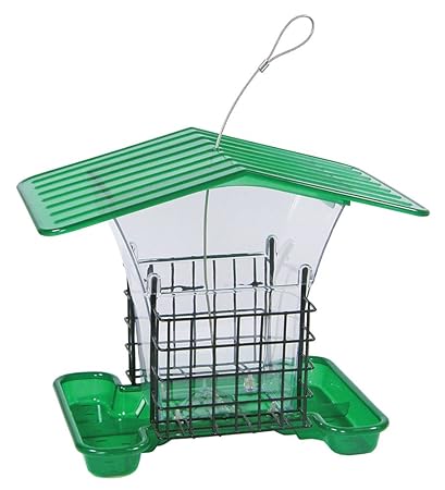 Belle Fleur Roofed Green Hopper Bird Seed Feeder With Two Suet