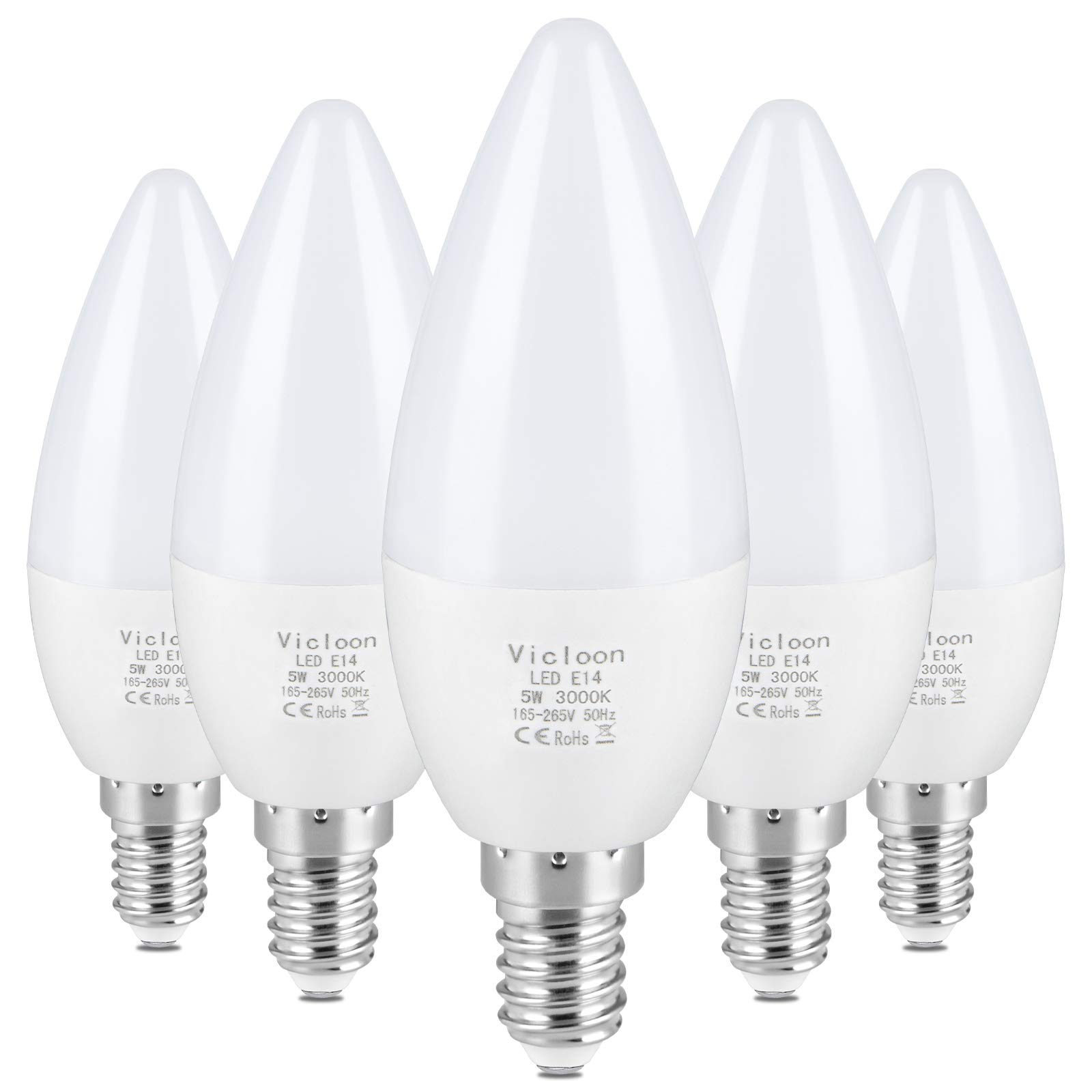 Vicloon E14 LED Candle Bulbs, 5 Pcs 5.5W C37 E14 LED Bulbs, 40W Incandescent Equivalent, Warm White 3000K, 500LM, C37 SES Small Screw Bulbs, No Dimmable