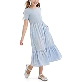 PATPAT Girl's Maxi Dress Boho Short Sleeve Long Dresses Casual Sundress with Pockets 5-14 Years