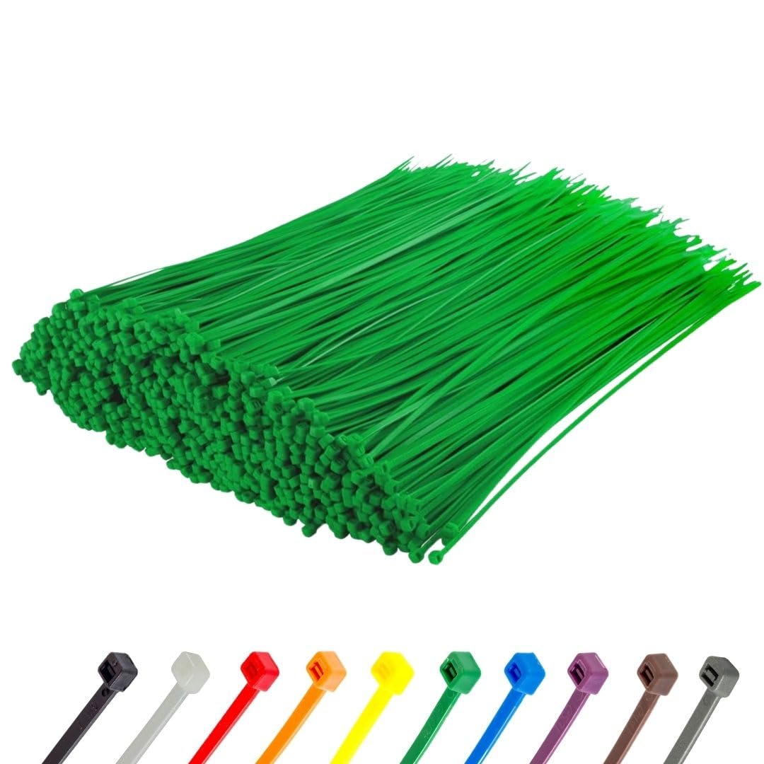 Gocableties Green Cable Ties, 200mm x 4.8mm, Bulk Pack of 1000, 8” Premium Nylon Zip Ties, Multi-Purpose Plastic Tie Wraps, Secure Self-Locking Mechanism, for Home, Garden, Office and DIY