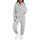 Ronony Soft Pajama Set For Women Casual Comfy Fleece Hoodie Pullover Loungewear Set 2 Piece Loose Plush Sleepwear With Pocket