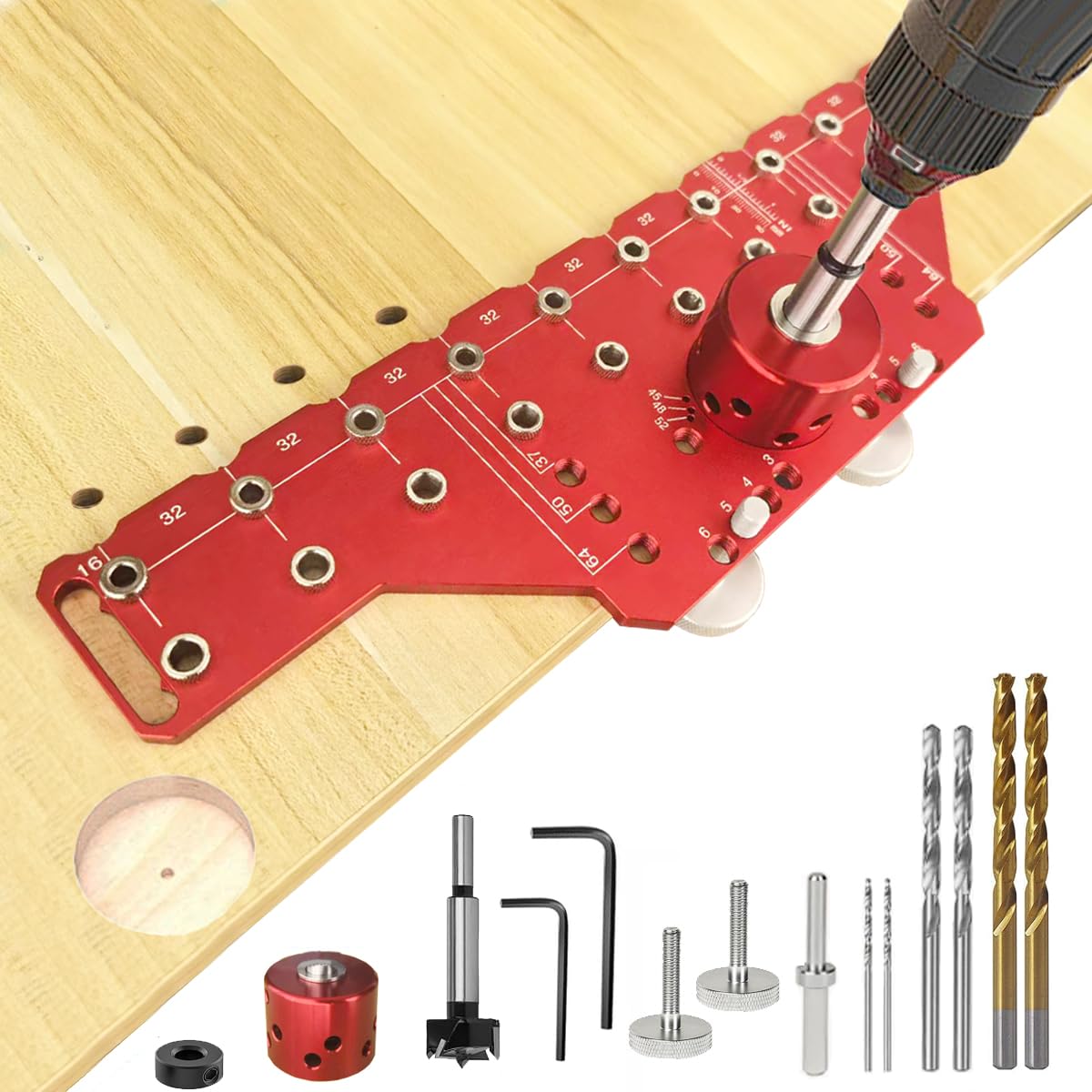 Photo 1 of 2 in 1 Shelf Pin HingeJig,Concealed HingeJig Drilling Jig with 35mm Hole Drill Bits,Self Contained Clamping All Metal Cabinet Hardware Tool Drill for Cabinet Door Hinge Hole Positioning (RED)