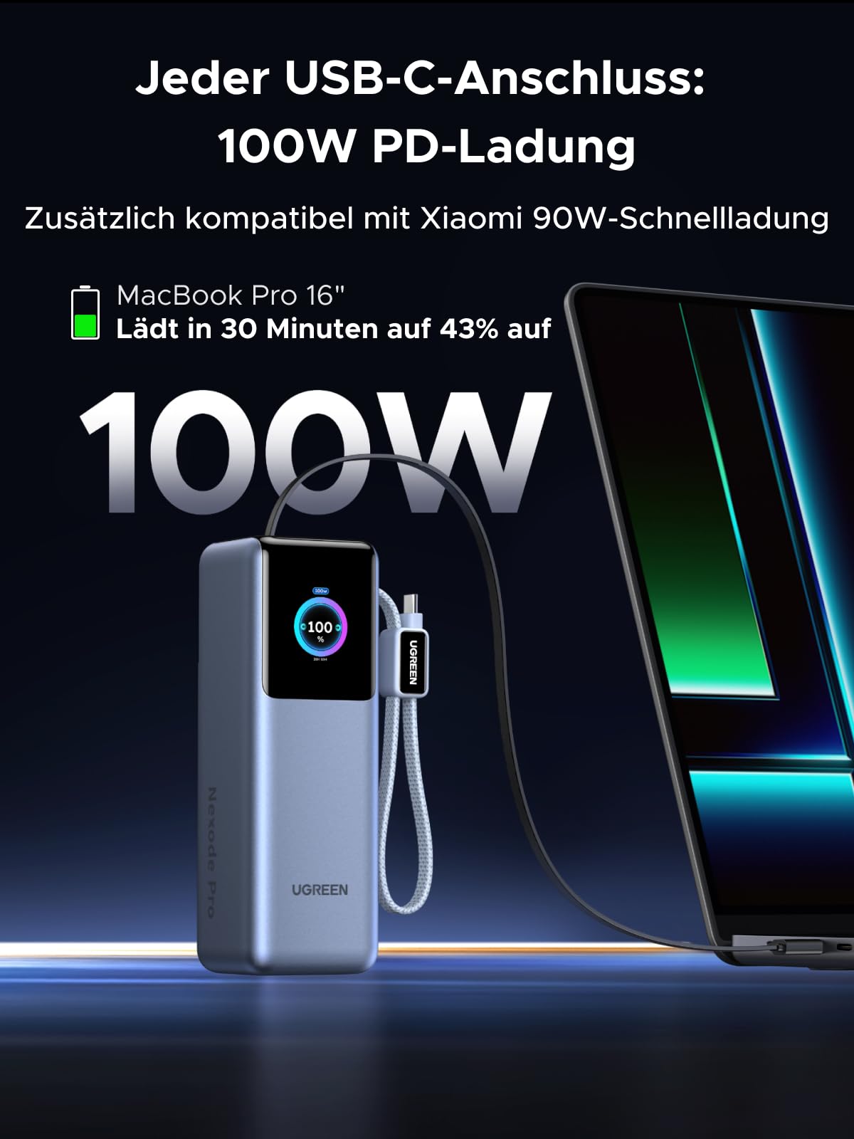 UGREEN Nexode Pro Power Bank, 25000mAh 200W Max Schnellladen mit 68cm einziehbares Kabel & USB-C Kabel, Kompatibel mit MacBook Pro, Dell XPS, Lenovo, HP Laptops, iPad Pro, Galaxy S25 Ultra, iPhone 17 4