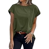 Tankaneo Womens Cap Sleeve Tops Boat Neck T-Shirts Summer Casual Loose Fit Basic Tees