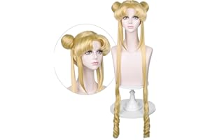 LABEAUTÉ Long Curly Blonde Ponytails Wig with Buns for Women Girls Cosplay Costume Anime Blonde Pigtails Wig with Bangs + Cap