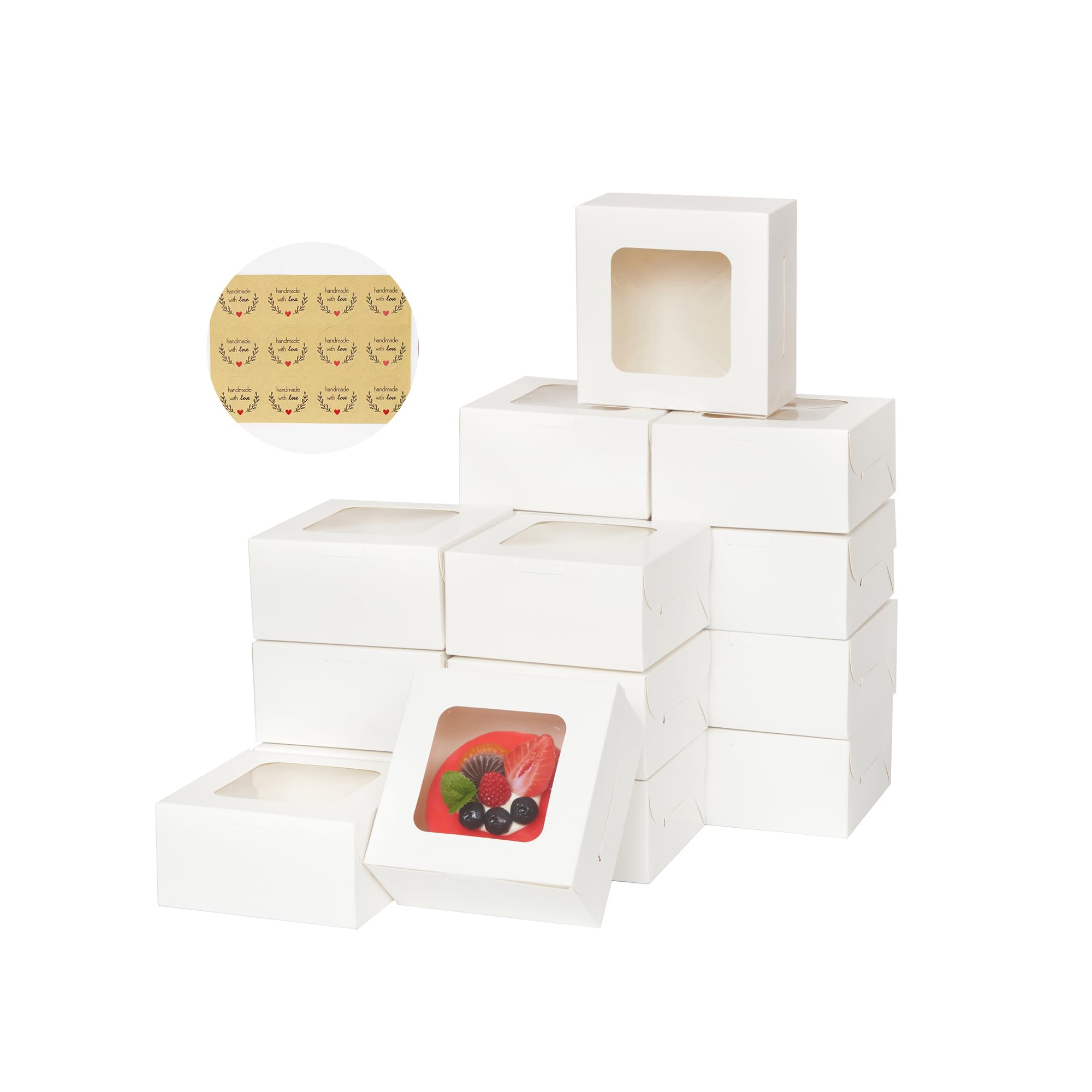 Photo 1 of Zzrywuty 50 Packs 5x5x2.5in White Cookie Boxes, Bakery Boxes with Window, Mini Cake Boxes, Food Container Boxes for Cookies, Pastry, Pie, Strawberries, Donuts, Candy, Desserts, Small Cake