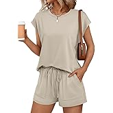 AUTOMET Womens Crew Neck Two Piece Short Sets Cap Sleeve Drawstring Summer Sweatsuit with Pocket