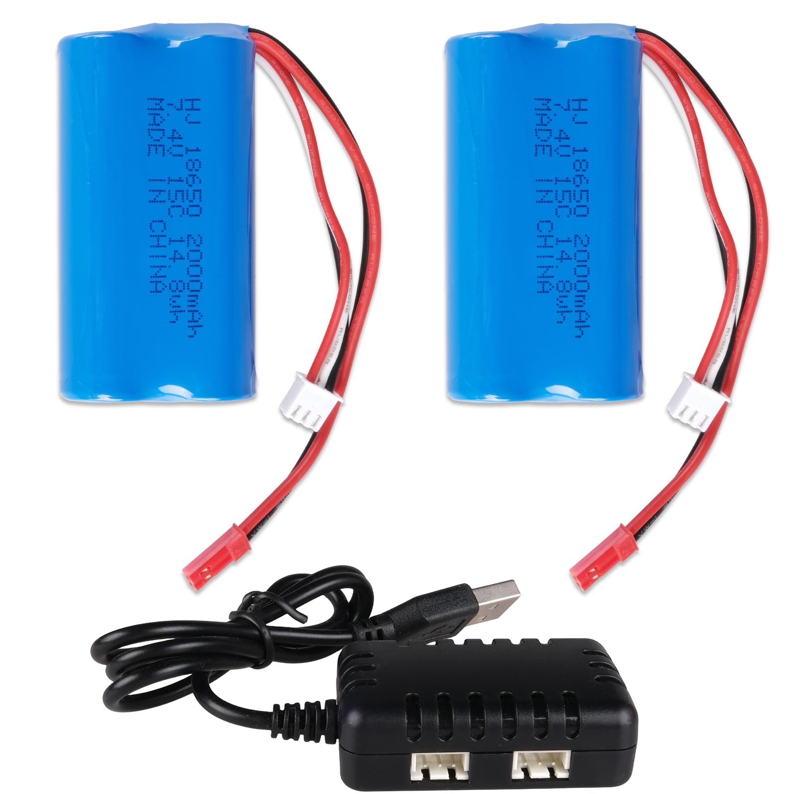 2PCS 7.4V 2000mAh 15C 2S Li-ion Battery with JST Plug & USB Charging Cable, Rechargeable RC Battery Pack for RC Helicopter Drone Car Truck and RC Boats Airsoft Water Ball Blaster