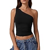 QINSEN Women's One Shoulder Tank Tops Double Lined Sleeveless Slim Fit Cropped Tee Shirt Y2k Tops