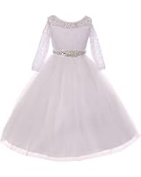 BNY Girls' Formal Communion & Wedding Dress - Long Sleeve Lace Top With Tulle Skirt, Sizes 2-20