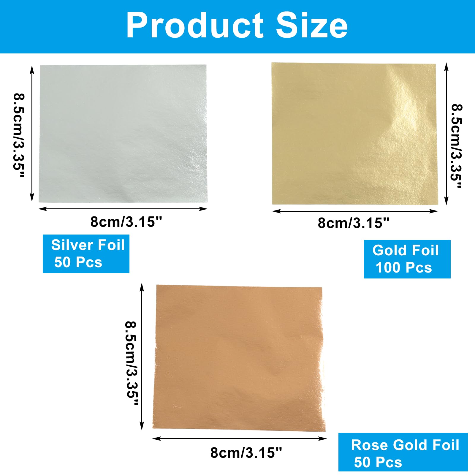 Piutouyar 200 Pcs Gold Leaf Sheets, Gold Foils Sheets Gold Leaf Set Imitation Rose Silver Gold Leaf Paper for Paint Jewelry Furniture DIY Arts Decoration(3.15×3.35 inches, 3 Colors)