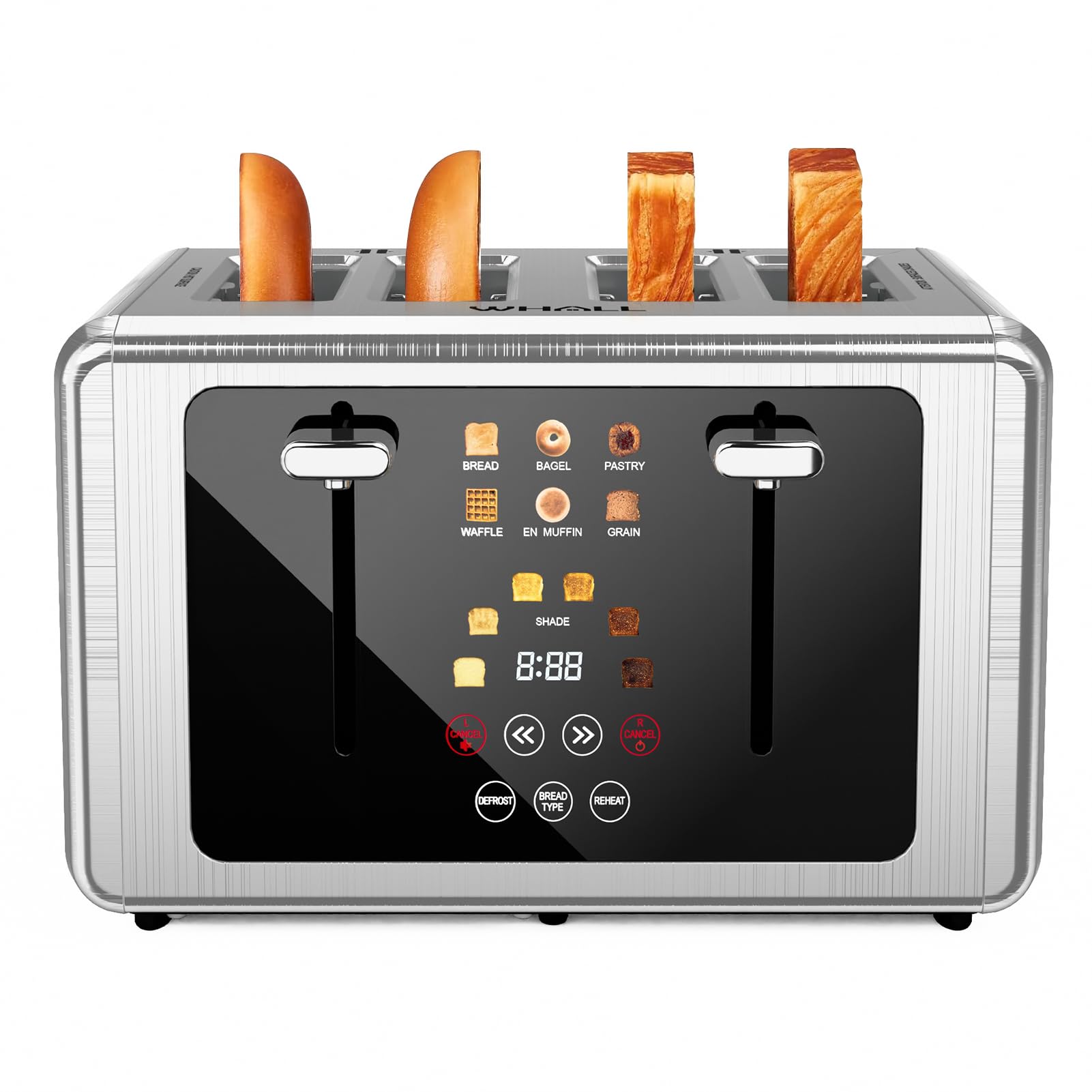 Whall Tostadora con pantalla táctil de 4 rebanadas, tostadoras de acero inoxidable, temporizador digital, tostadoras con panel de control dual, 6 configuraciones de sombra, 6 tipos de pan, ranuras anchas inteligentes, bagel, cancelar, descongelar, plata