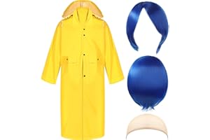 Xinnun 3 Pieces Halloween Yellow PVC Raincoat with Detachable Hood Blue Short Straight Wig Elastic Hair Net for Halloween (Medium)